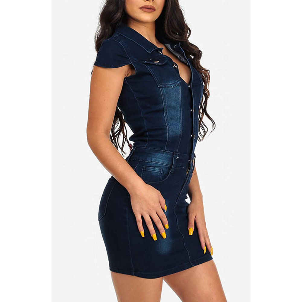 chouyatou Women's Cap Sleeve Bodycon 1/2 Button Placket Mini Denim Pencil Dress