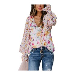 Floral Print V Neck Long Sleeve Stylish Drawstring Tops Loose Blouses Shirts