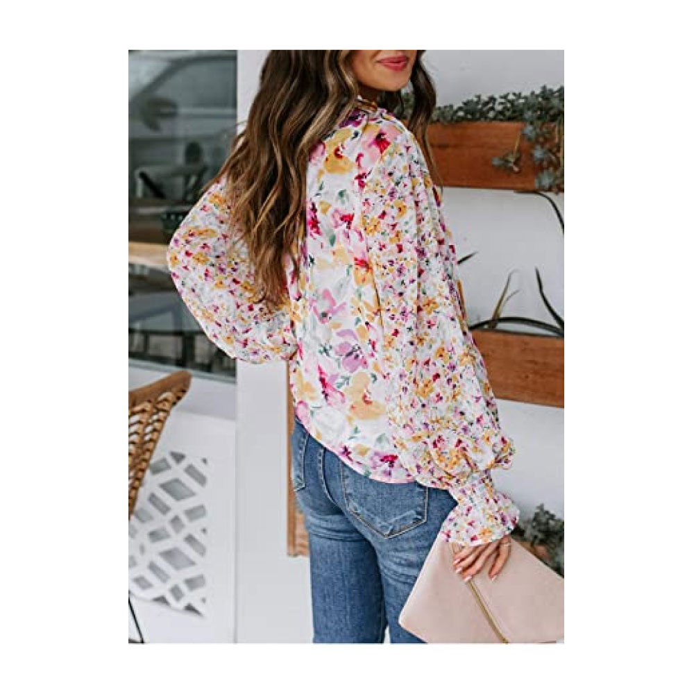 Floral Print V Neck Long Sleeve Stylish Drawstring Tops Loose Blouses Shirts