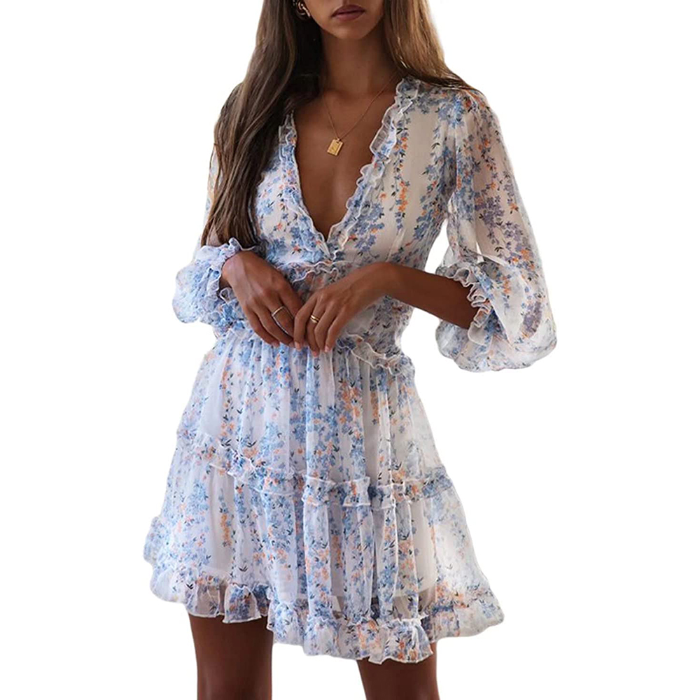 Womens Spring Summer Deep V Neck Ruffle Long Sleeve Floral Print Mini Dress