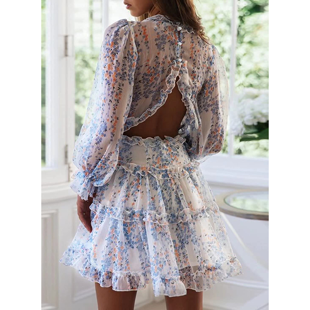 Womens Spring Summer Deep V Neck Ruffle Long Sleeve Floral Print Mini Dress