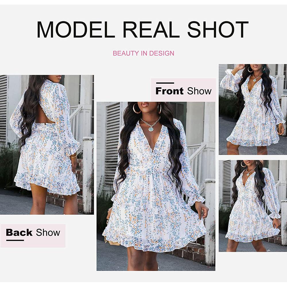 Womens Spring Summer Deep V Neck Ruffle Long Sleeve Floral Print Mini Dress
