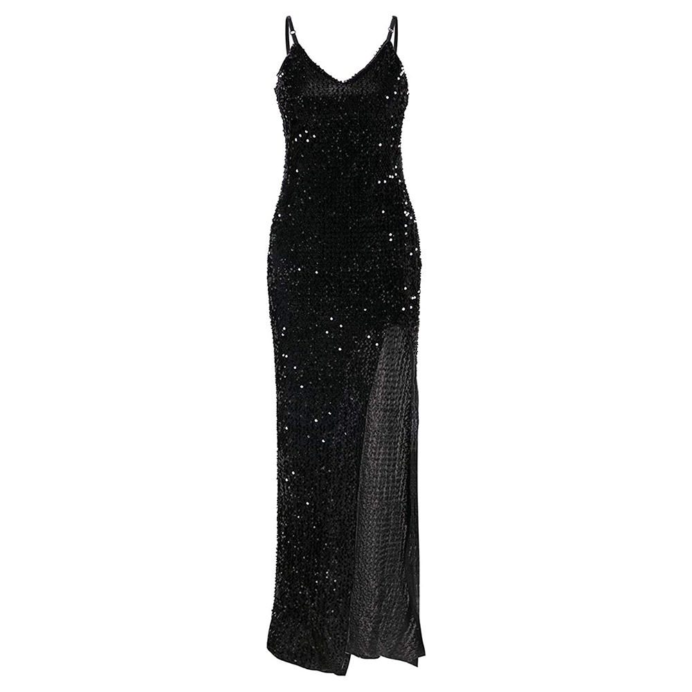 BerryGo Women's Sexy V Neck Bodycon Sequin Gown Evening Dress with Slit