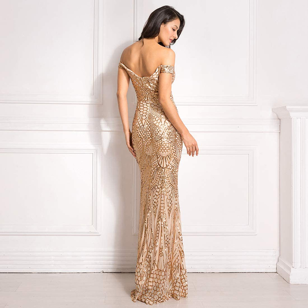 V Neck Strapless Off Shoulder Backless Sleeveless Floor Length Sequin Wedding Evening Party Maxi Dress