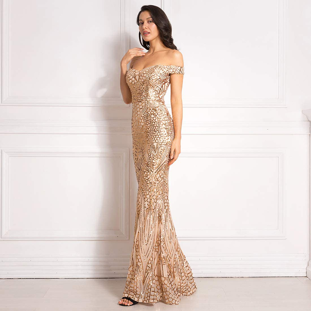 V Neck Strapless Off Shoulder Backless Sleeveless Floor Length Sequin Wedding Evening Party Maxi Dress