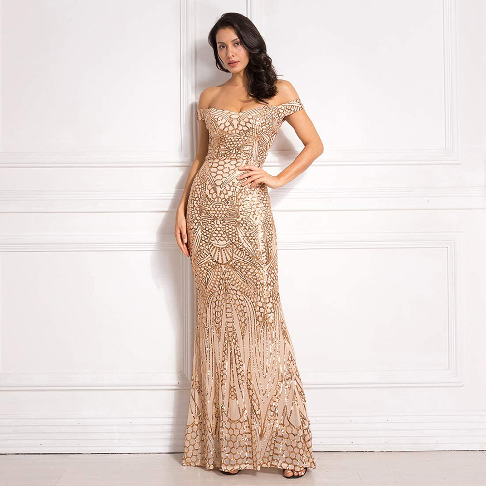V Neck Strapless Off Shoulder Backless Sleeveless Floor Length Sequin Wedding Evening Party Maxi Dress