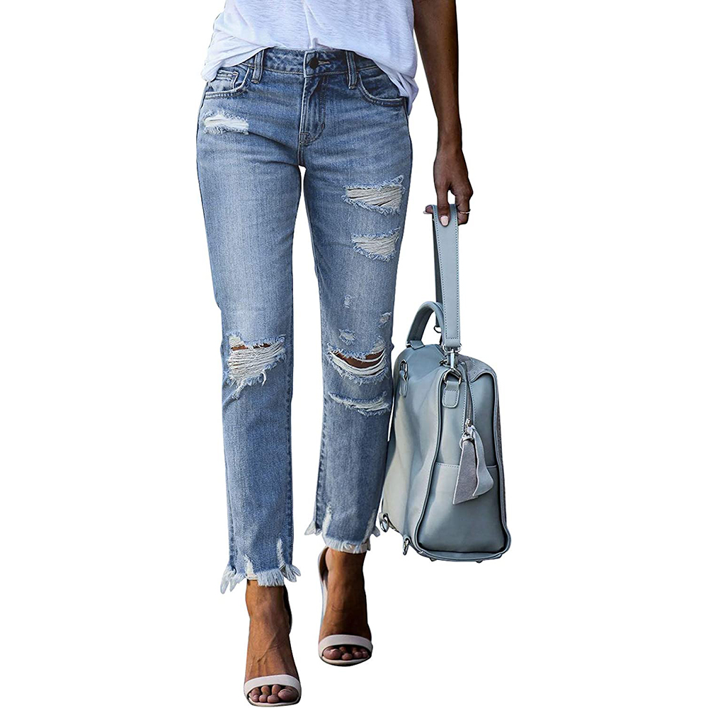 Women Patchwork Destroyed Raw Hem Jeans Ripped Hole Denim Pants