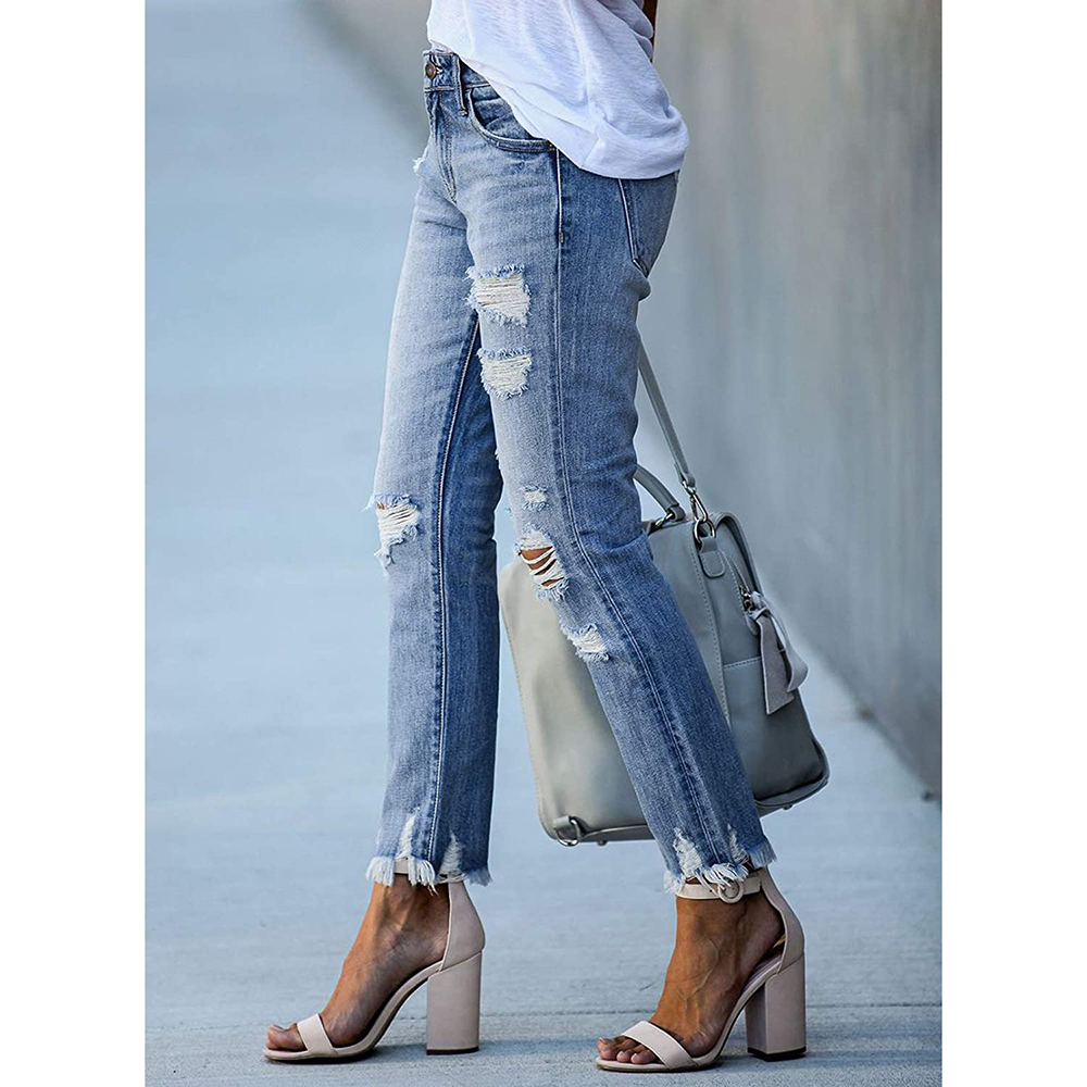 Women Patchwork Destroyed Raw Hem Jeans Ripped Hole Denim Pants