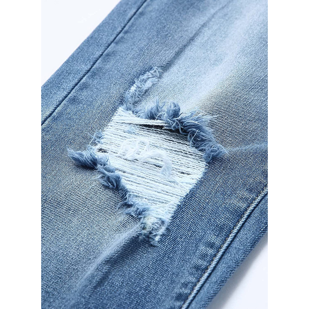 Women Patchwork Destroyed Raw Hem Jeans Ripped Hole Denim Pants