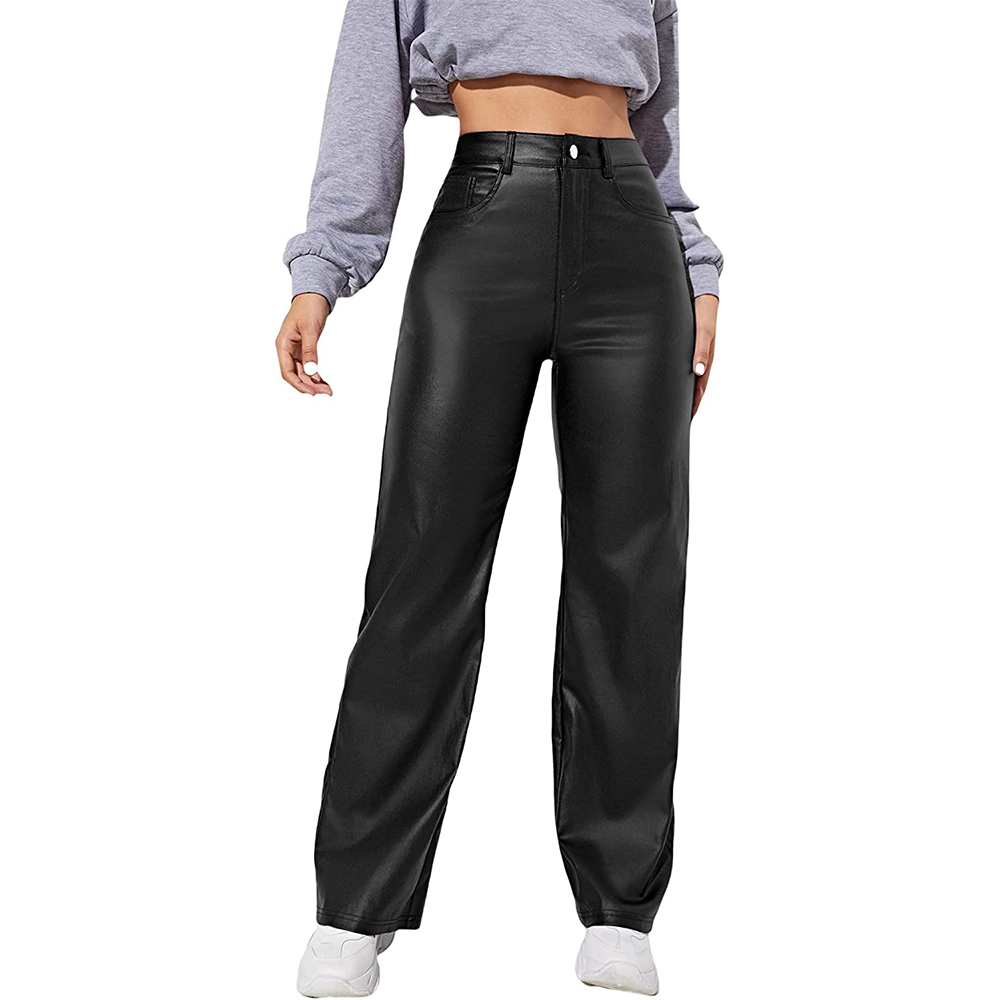 Women's High Waist Pockets Straight Wide Leg Jeans Leather Look Pants