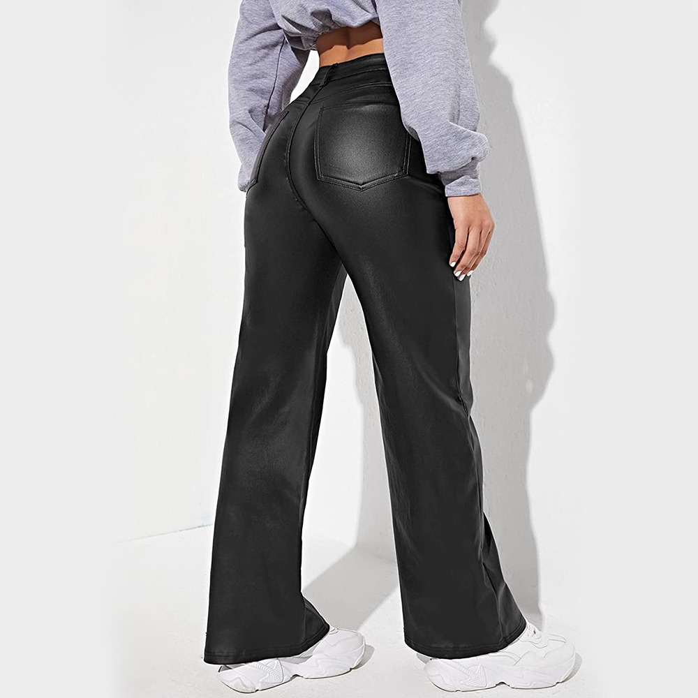 Women's High Waist Pockets Straight Wide Leg Jeans Leather Look Pants