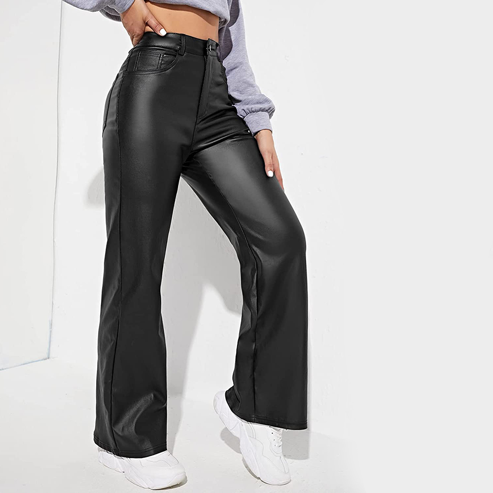 Women's High Waist Pockets Straight Wide Leg Jeans Leather Look Pants