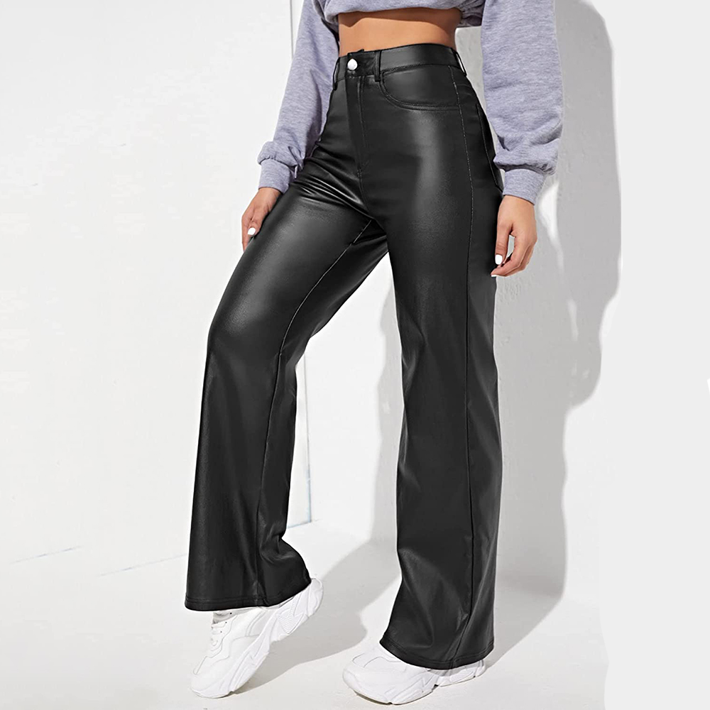 Women's High Waist Pockets Straight Wide Leg Jeans Leather Look Pants