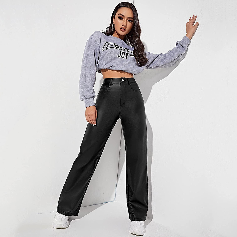 Women's High Waist Pockets Straight Wide Leg Jeans Leather Look Pants