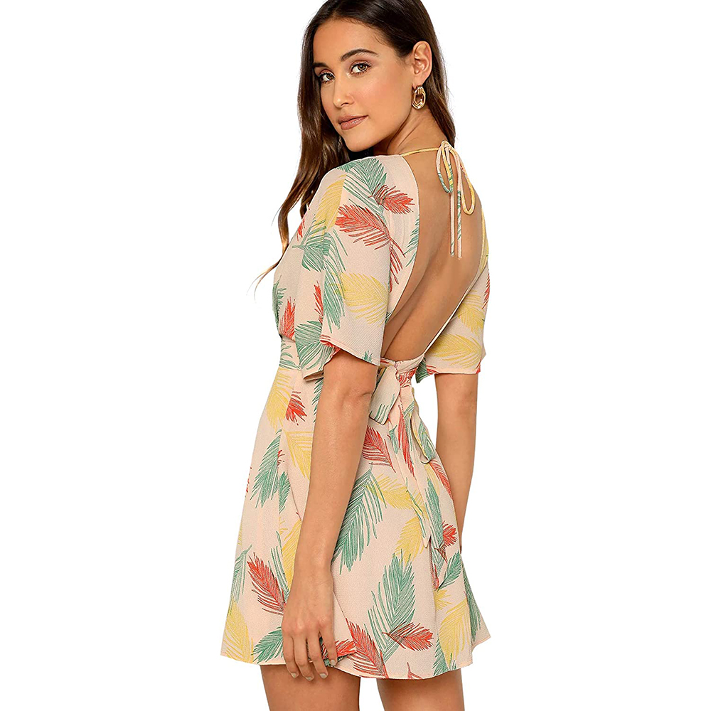 Floerns Women's Ditsy Floral Plunge Neck Knot Front A Line Short Dress