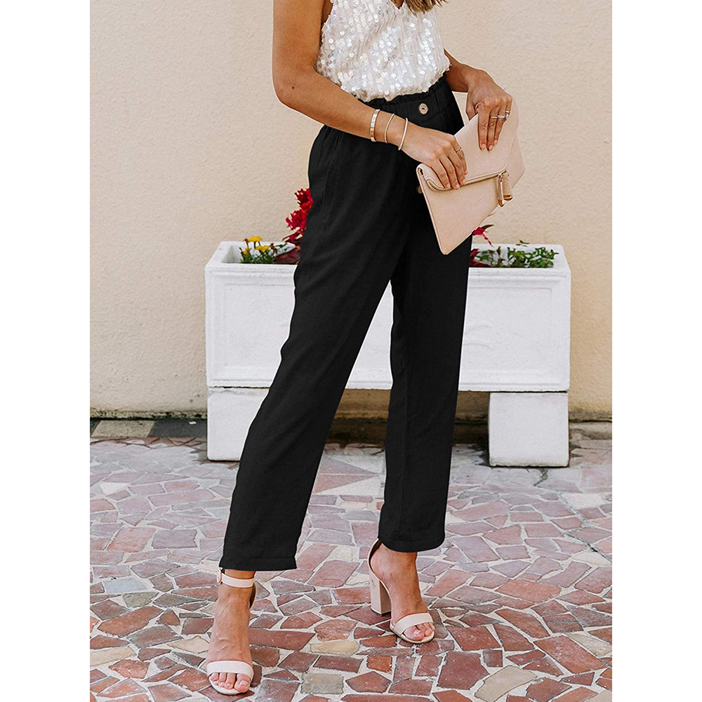 Casual Loose Pants Comfy Cropped Work Pants with Pockets Elastic High Waist Paper Bag Pants