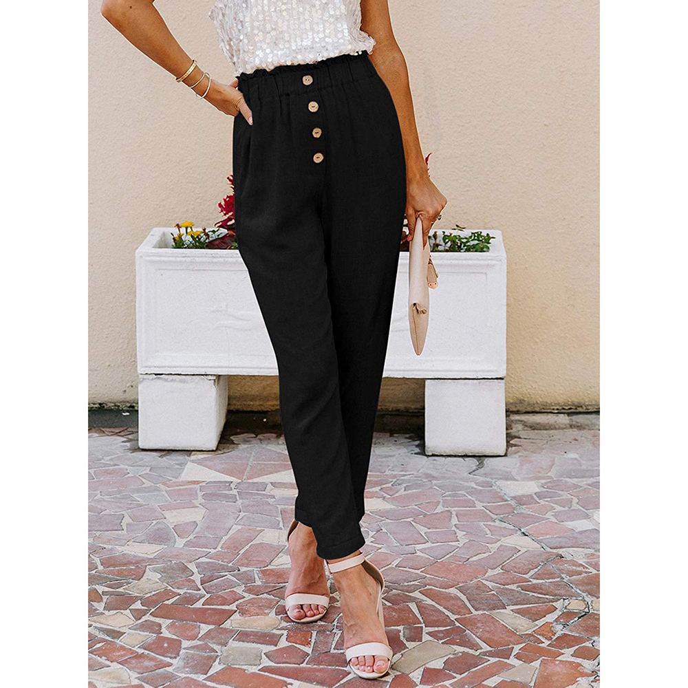 Casual Loose Pants Comfy Cropped Work Pants with Pockets Elastic High Waist Paper Bag Pants