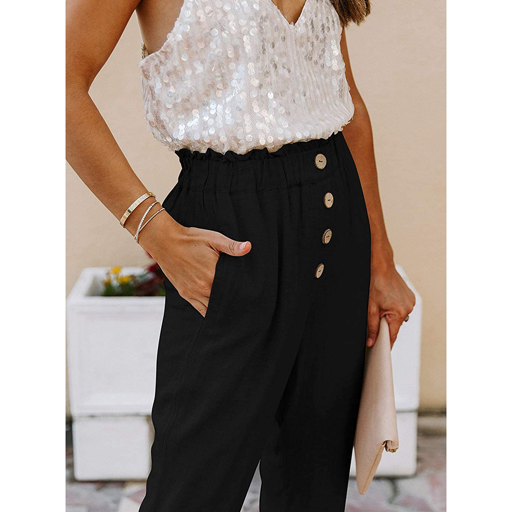 Casual Loose Pants Comfy Cropped Work Pants with Pockets Elastic High Waist Paper Bag Pants