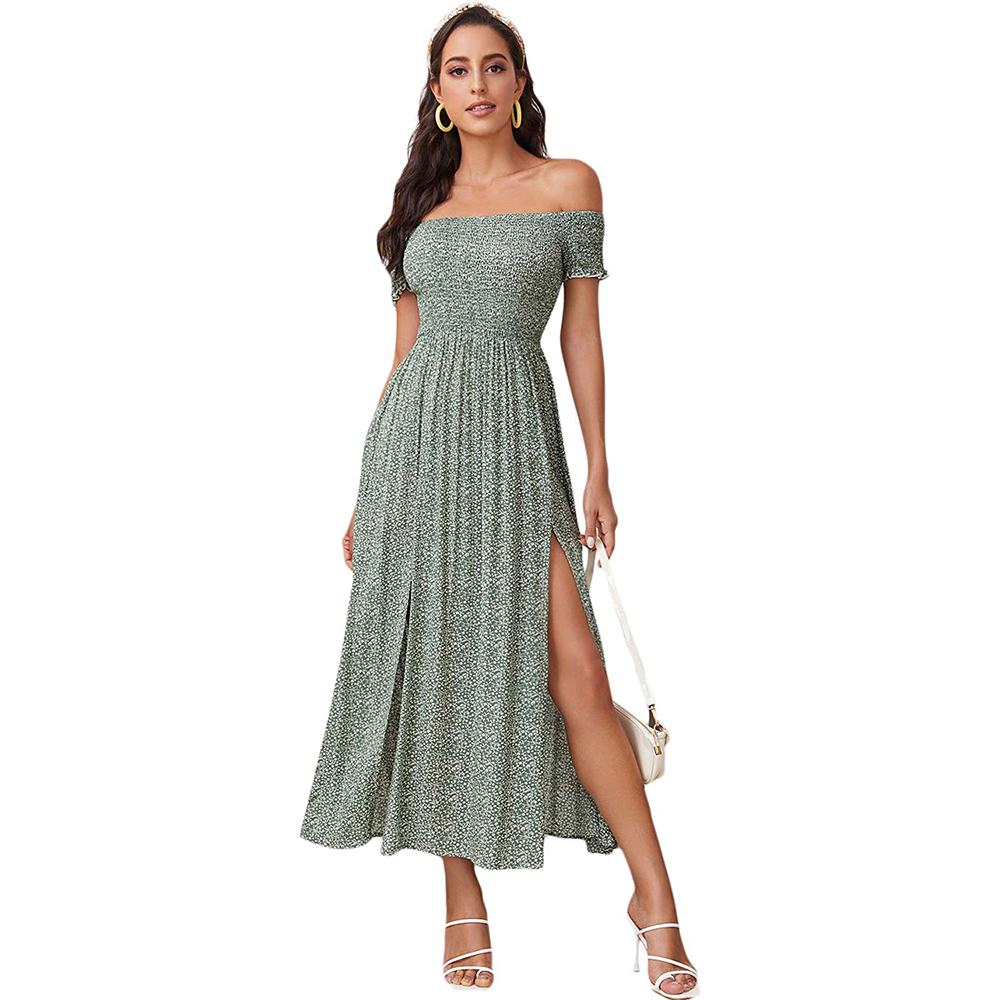Floerns Women's Boho Floral Print Off Shoulder Split Long A Line Dress