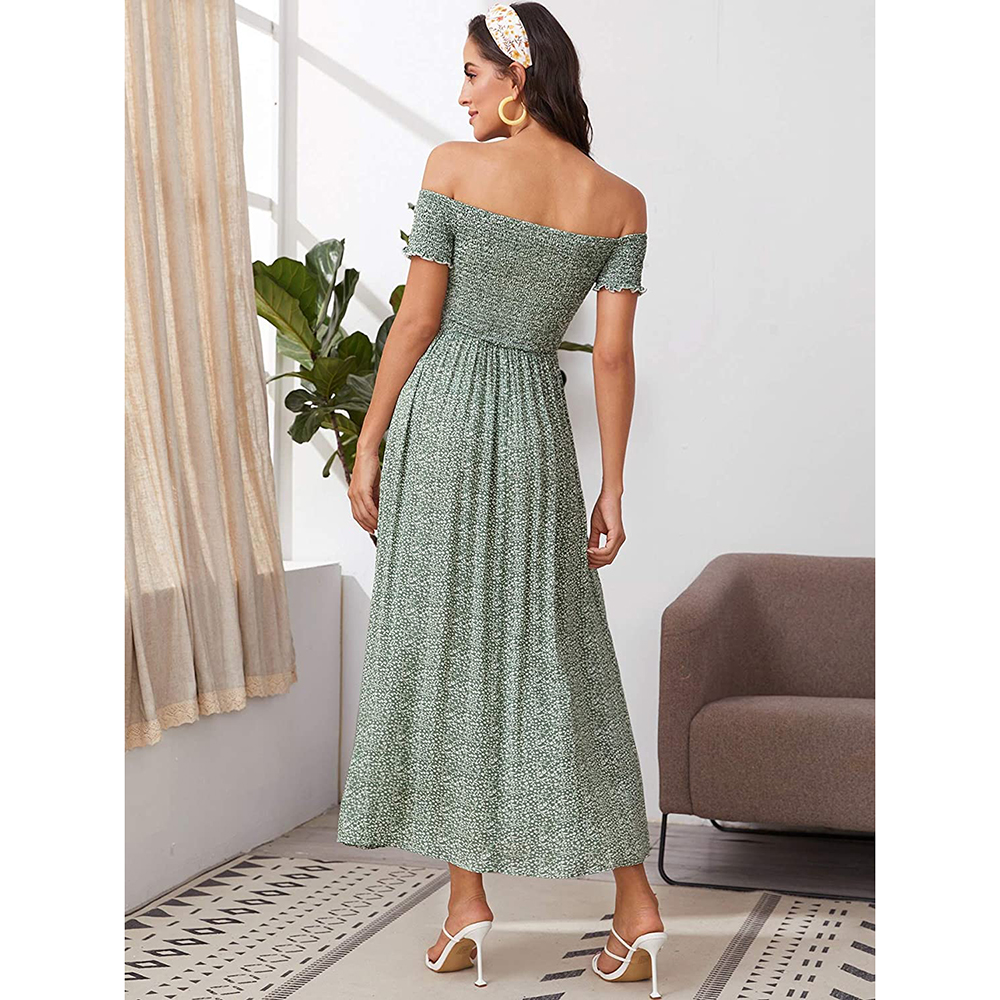 Floerns Women's Boho Floral Print Off Shoulder Split Long A Line Dress