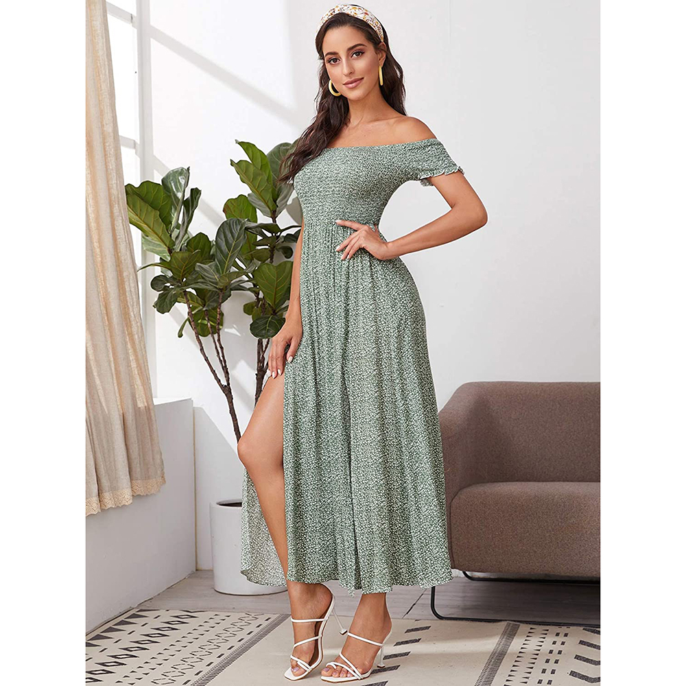 Floerns Women's Boho Floral Print Off Shoulder Split Long A Line Dress