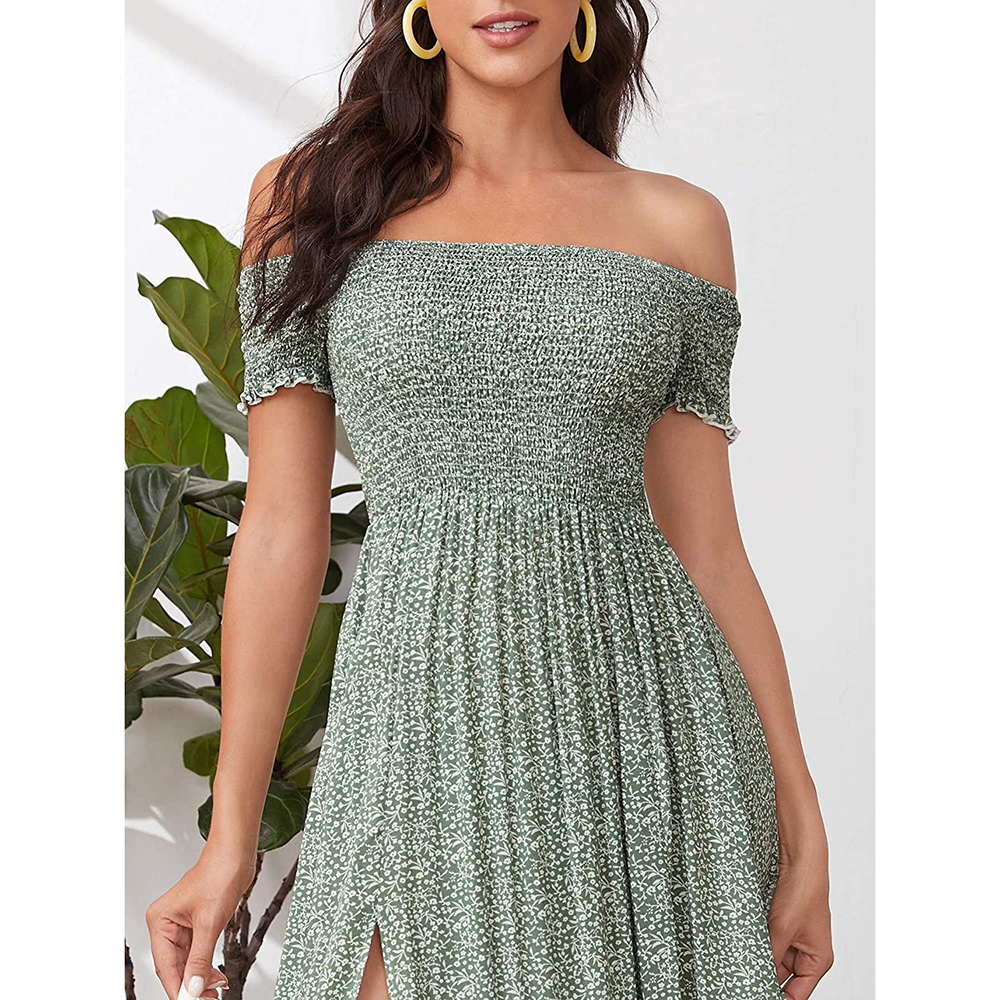 Floerns Women's Boho Floral Print Off Shoulder Split Long A Line Dress