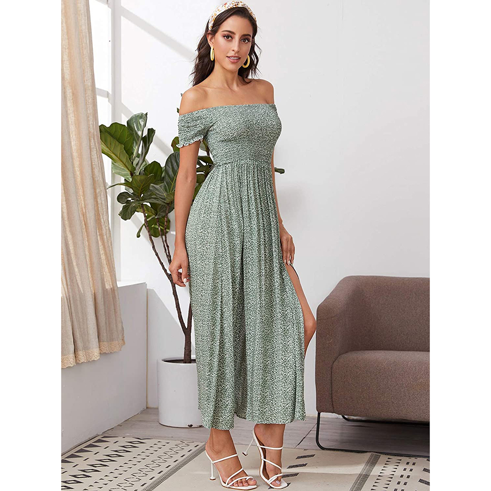 Floerns Women's Boho Floral Print Off Shoulder Split Long A Line Dress