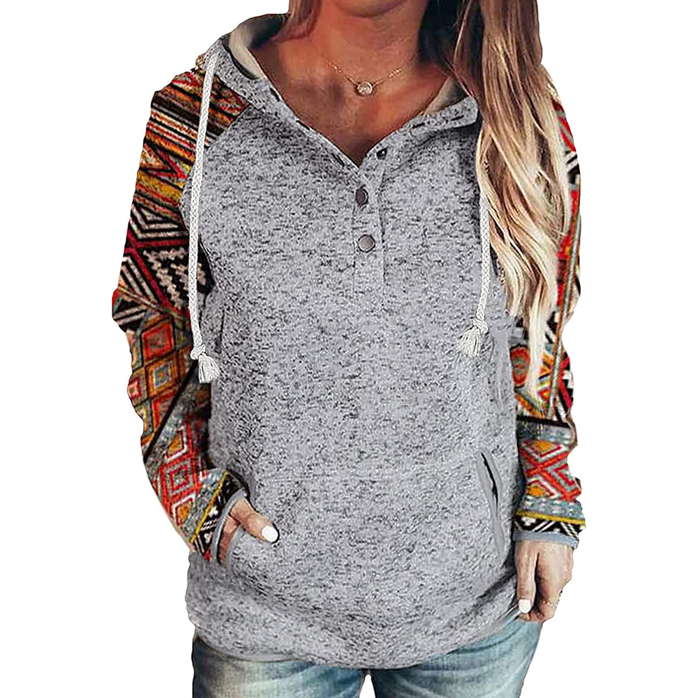 Button Collar Drawstring Stitching Sweatshirts Hoodies Pullover