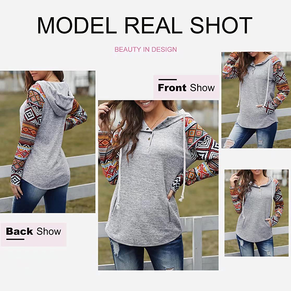 Button Collar Drawstring Stitching Sweatshirts Hoodies Pullover