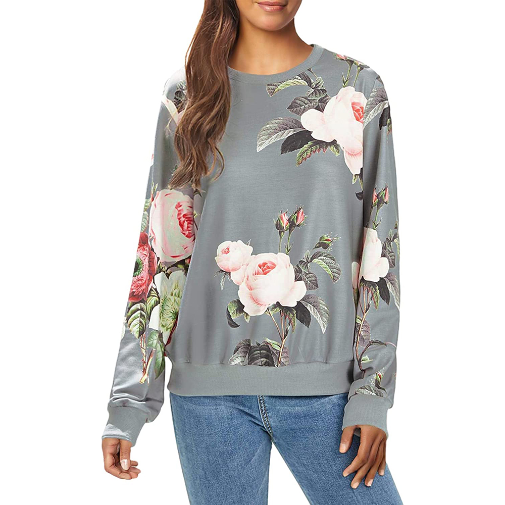 Women's Casual Floral Print Long Sleeve Pullover Tops Lightweight Sweatshirt
