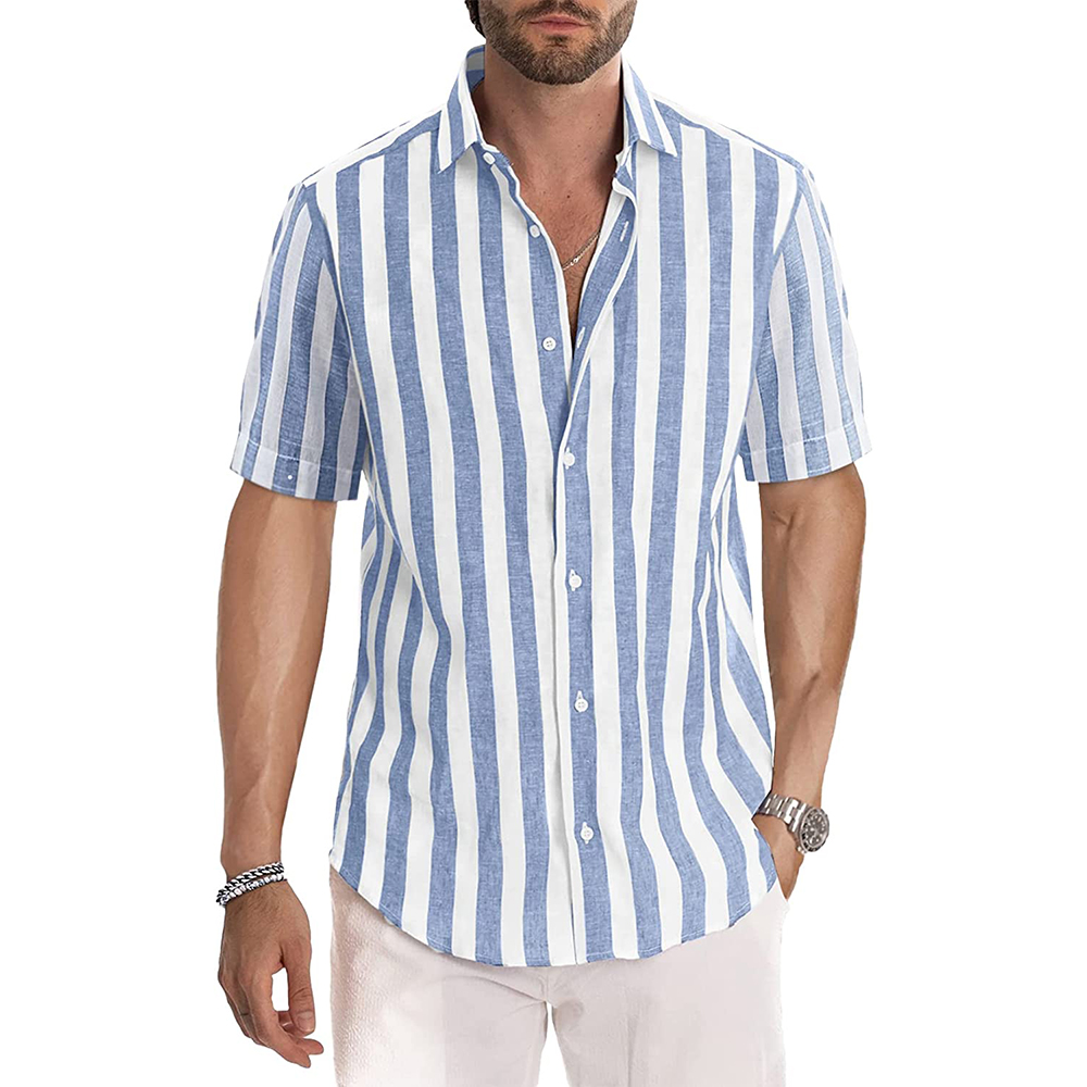 Men's Casual Short Sleeve Button-Up Striped Dress Shirts Cotton Shirt