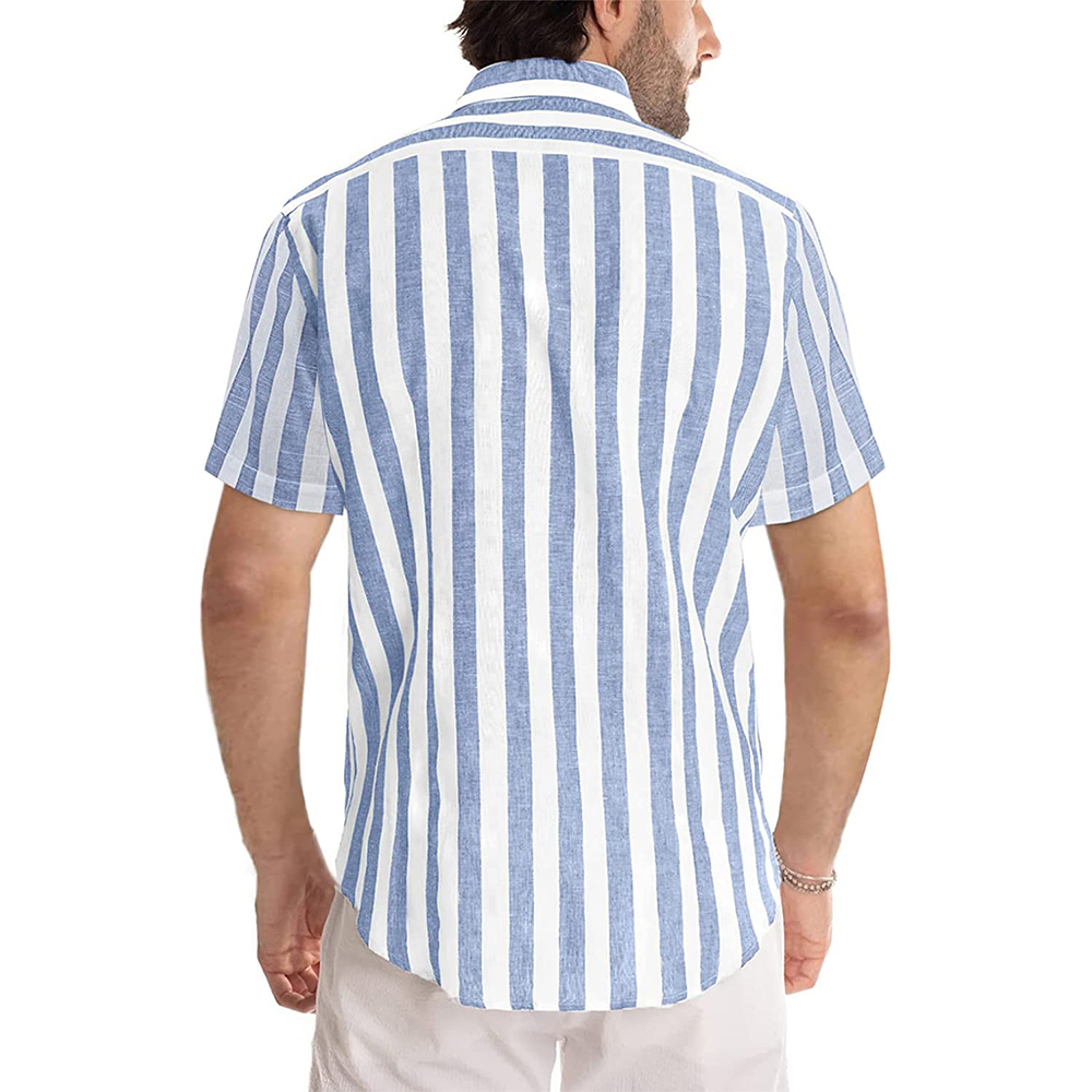 Men's Casual Short Sleeve Button-Up Striped Dress Shirts Cotton Shirt