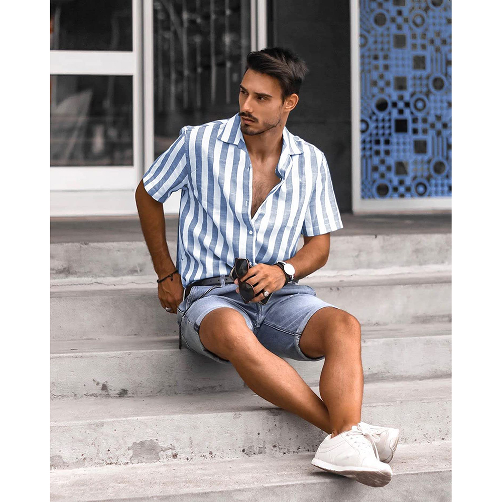 Men's Casual Short Sleeve Button-Up Striped Dress Shirts Cotton Shirt
