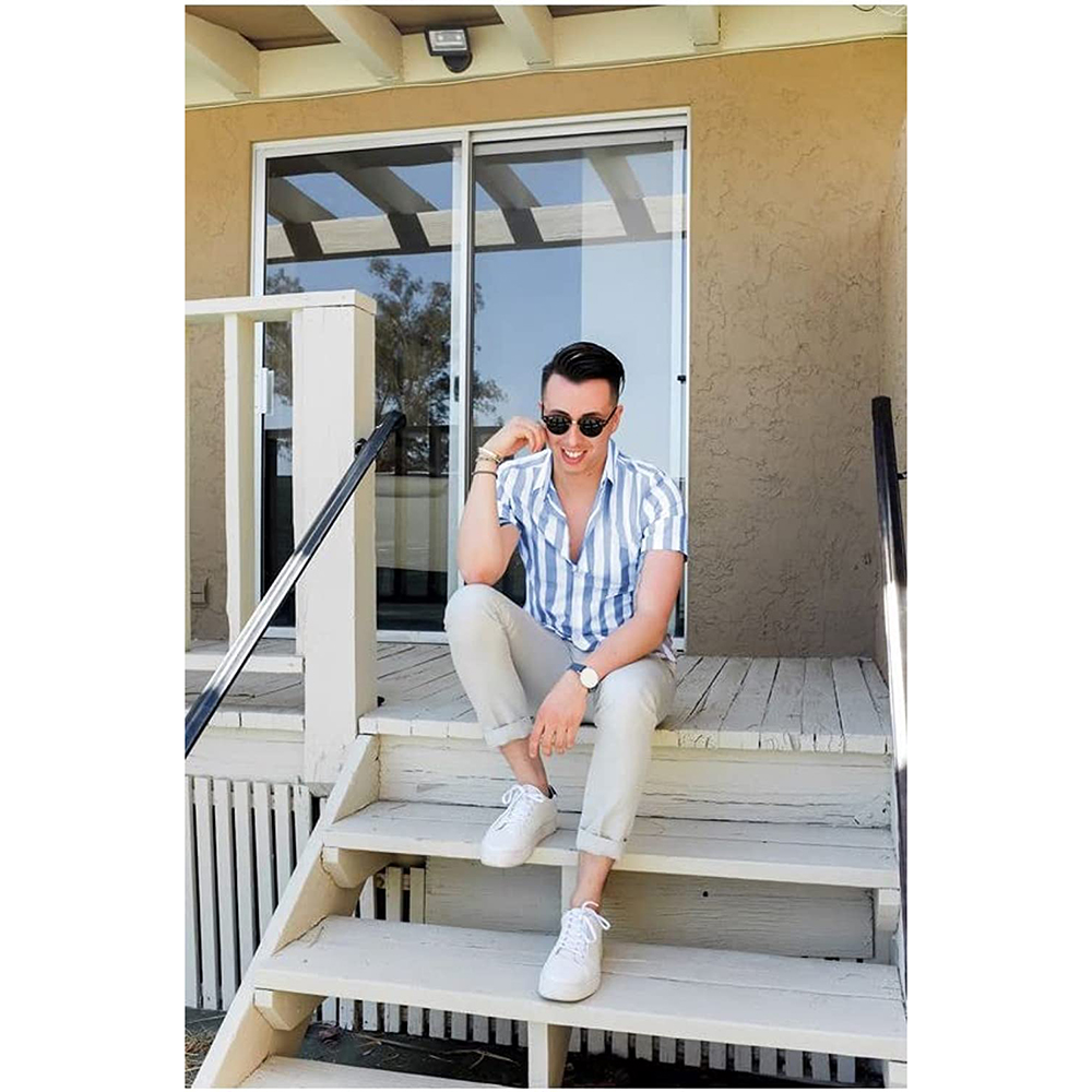 Men's Casual Short Sleeve Button-Up Striped Dress Shirts Cotton Shirt