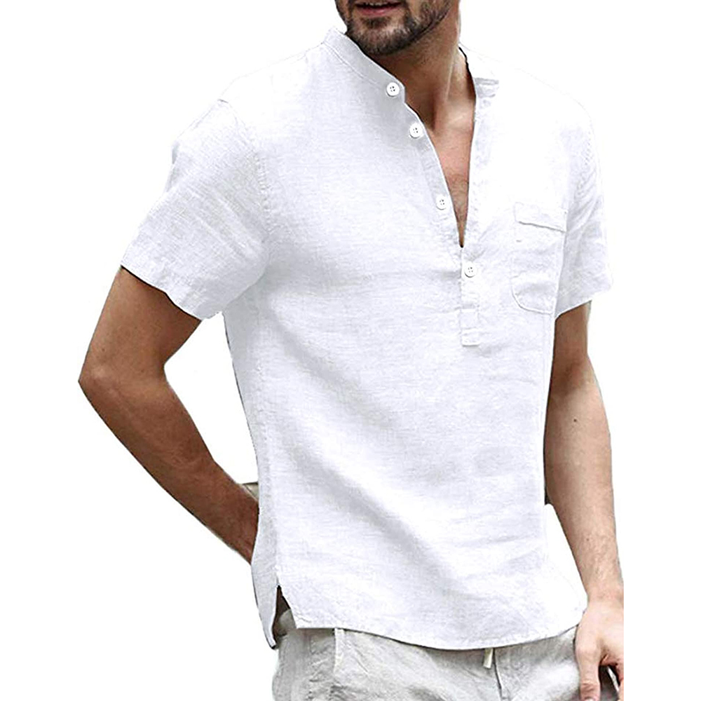 Mens Linen Henley Shirts Short Sleeve Casual Summer Beach Plain T Shirt Button Up Tee Tops