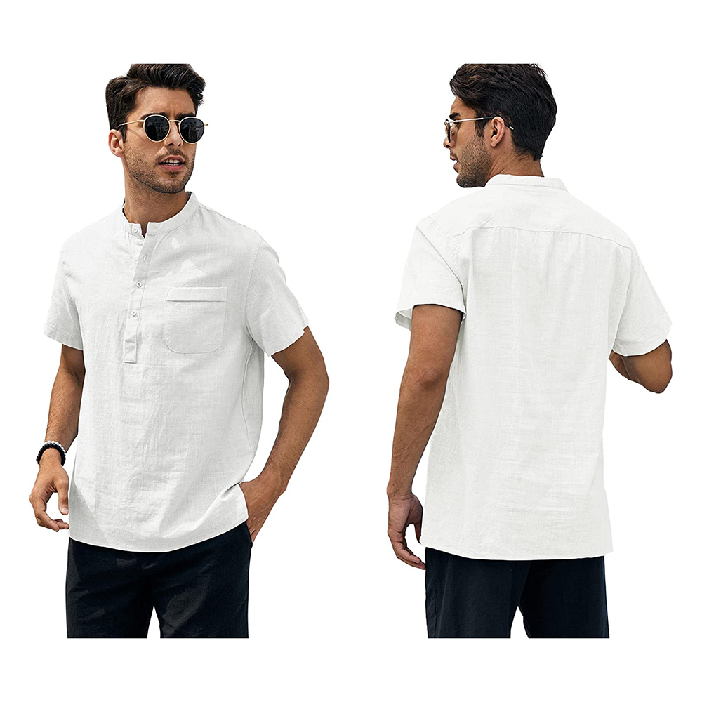 Mens Linen Henley Shirts Short Sleeve Casual Summer Beach Plain T Shirt Button Up Tee Tops