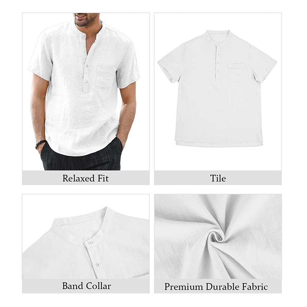 Mens Linen Henley Shirts Short Sleeve Casual Summer Beach Plain T Shirt Button Up Tee Tops