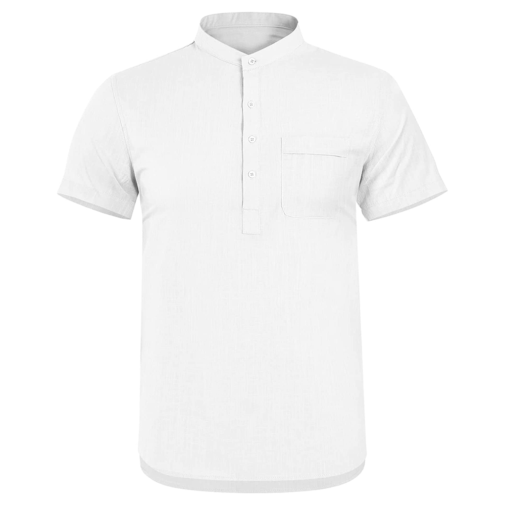 Mens Linen Henley Shirts Short Sleeve Casual Summer Beach Plain T Shirt Button Up Tee Tops