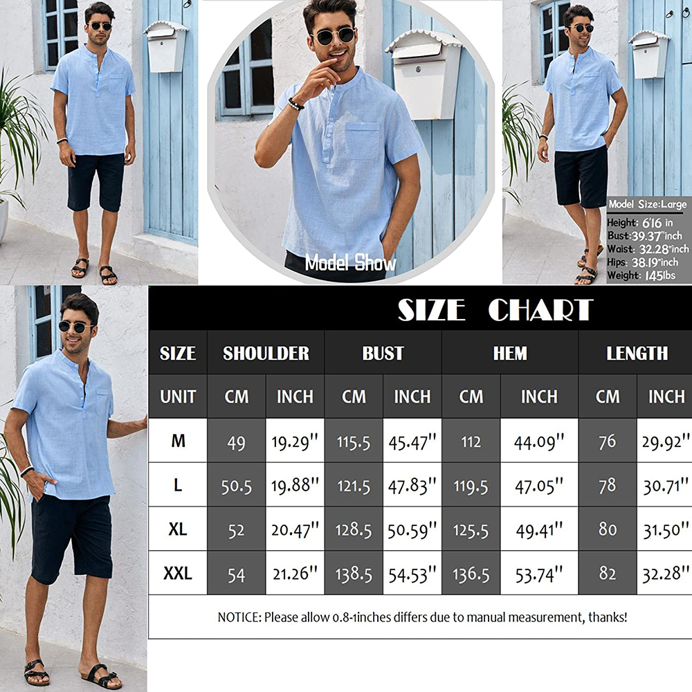 Mens Linen Henley Shirts Short Sleeve Casual Summer Beach Plain T Shirt Button Up Tee Tops