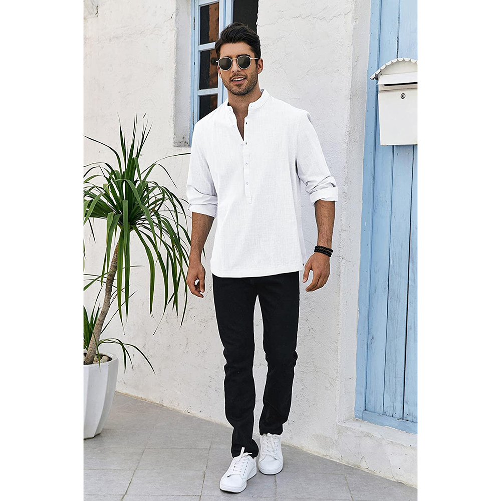 Cotton Linen Henley Shirts Long Sleeve Deep V Neck Hippie Casual Loose Fit Beach Plain Summer Tops