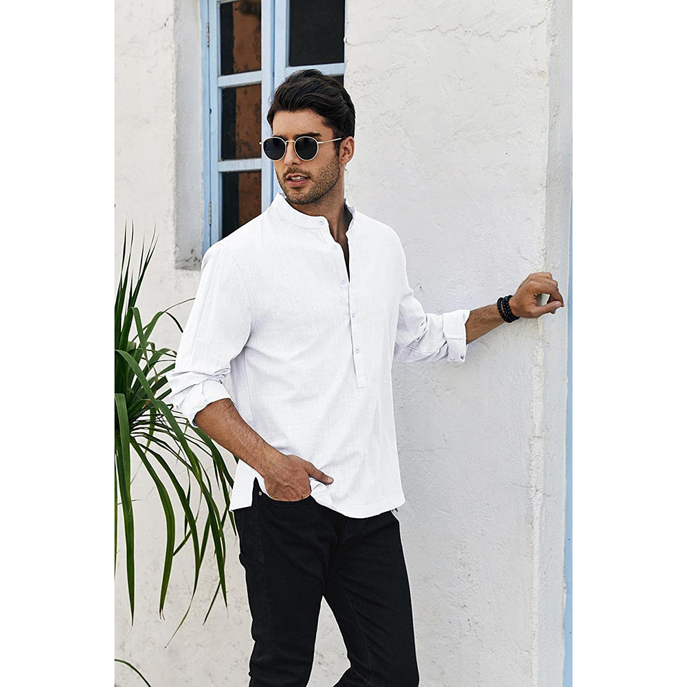 Cotton Linen Henley Shirts Long Sleeve Deep V Neck Hippie Casual Loose Fit Beach Plain Summer Tops