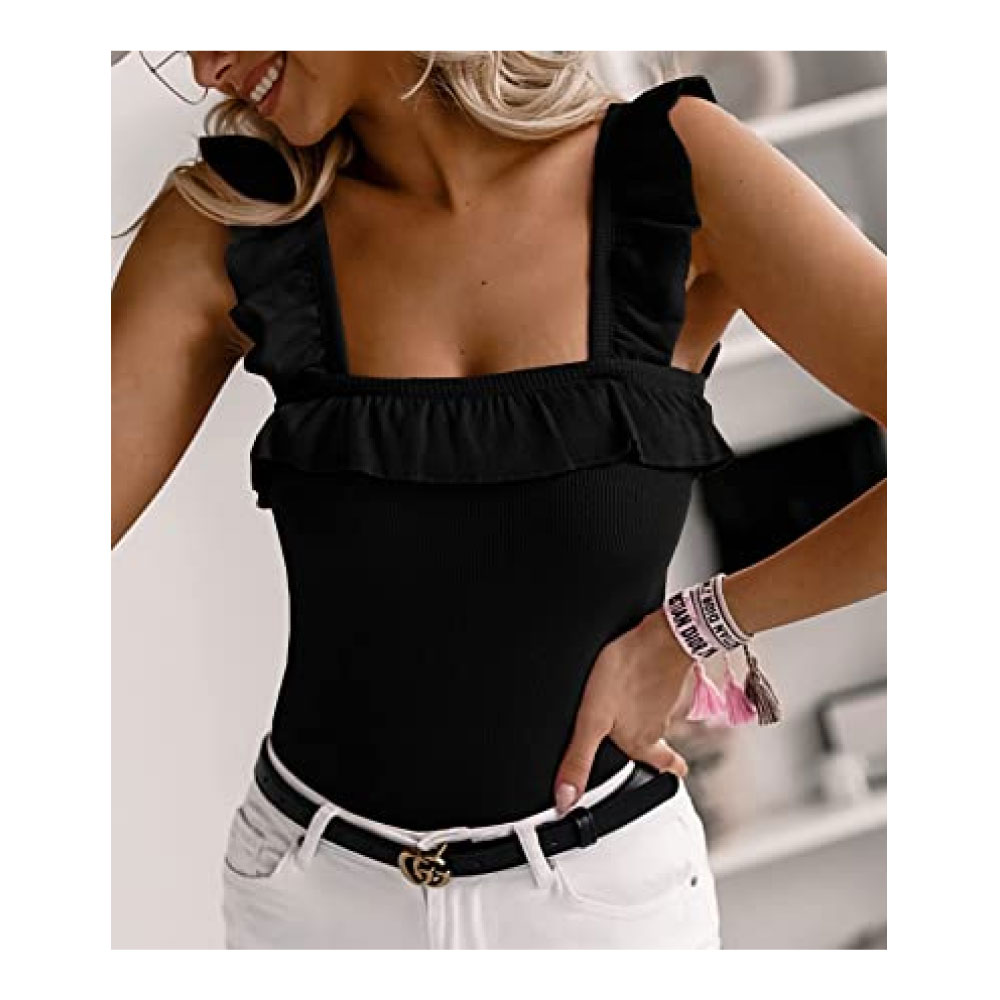 Sleeveless Tank Tops Ruffle Strap Square Neck Blouse Solid Color Knitted Camisole