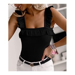 Sleeveless Tank Tops Ruffle Strap Square Neck Blouse Solid Color Knitted Camisole