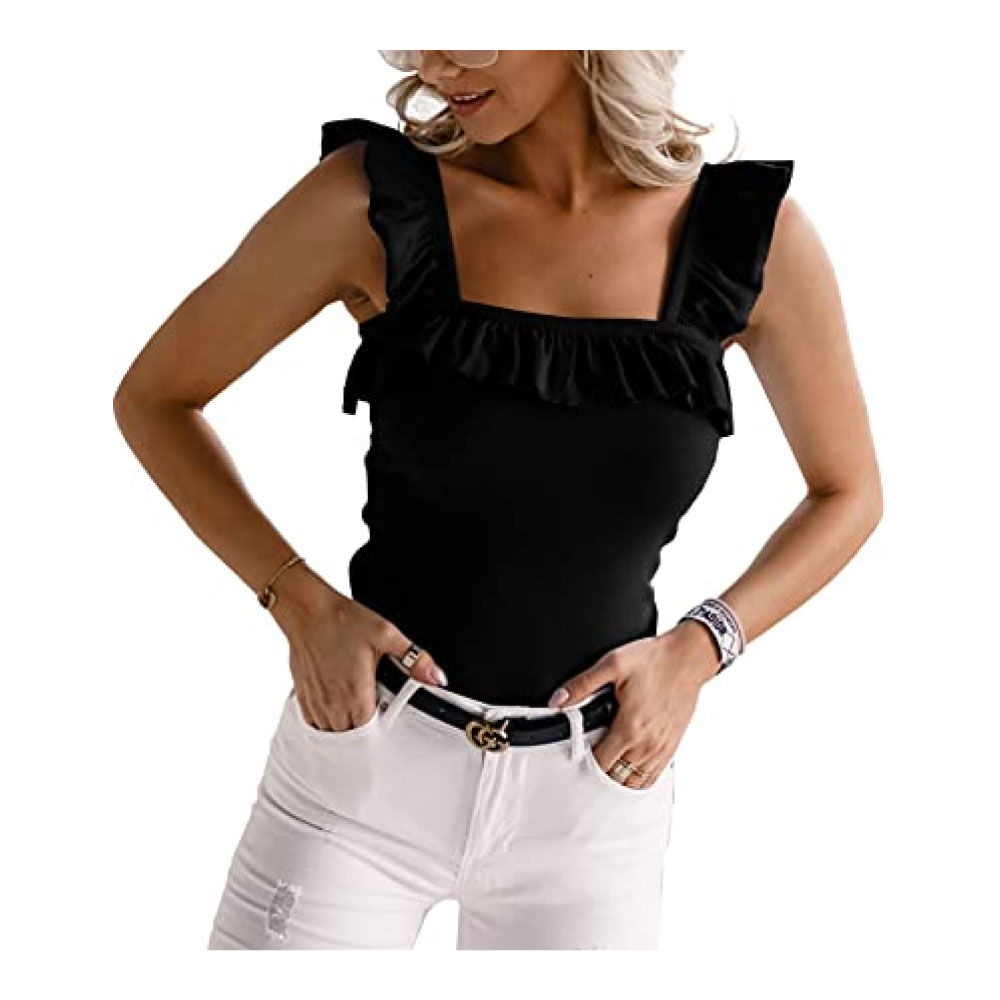 Sleeveless Tank Tops Ruffle Strap Square Neck Blouse Solid Color Knitted Camisole
