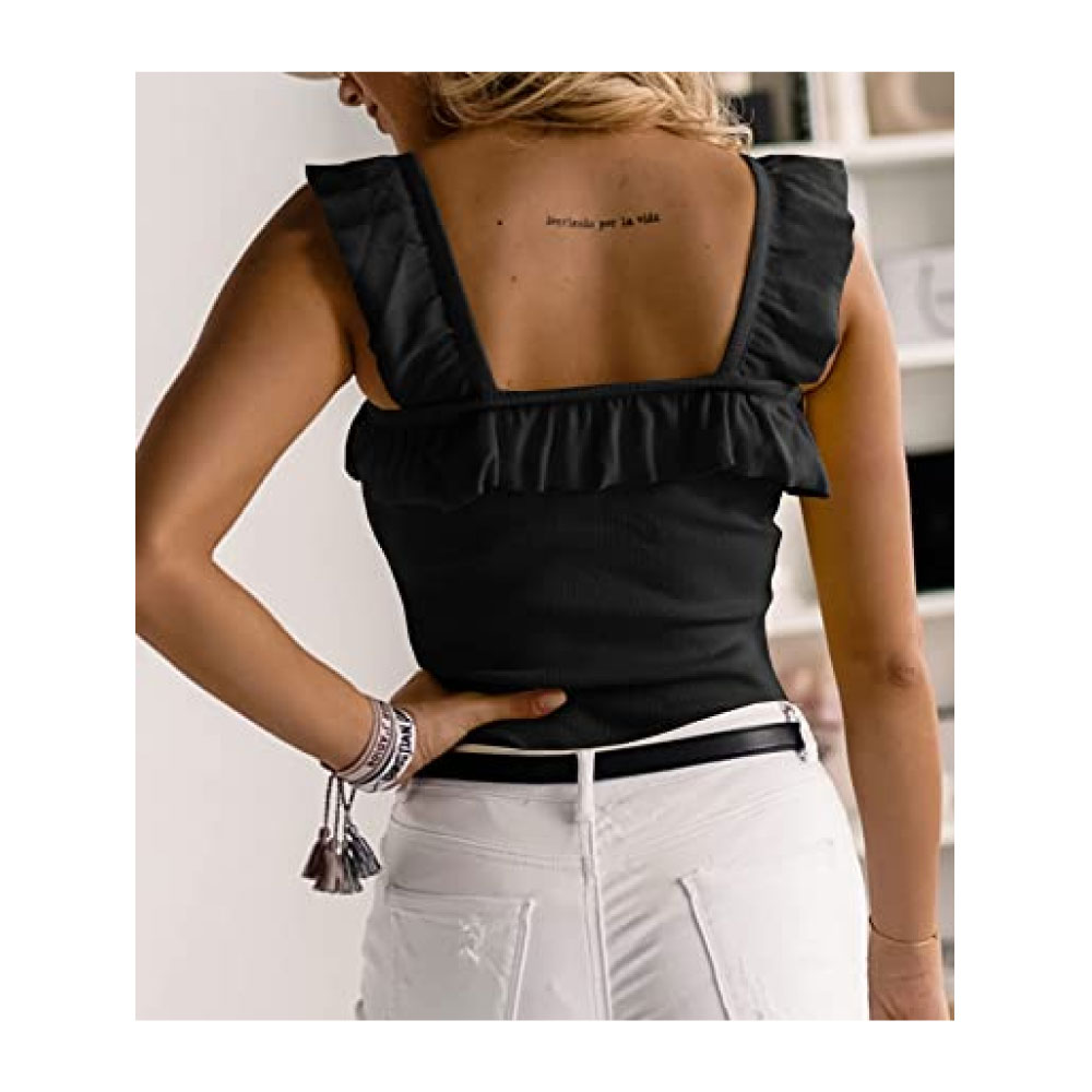 Sleeveless Tank Tops Ruffle Strap Square Neck Blouse Solid Color Knitted Camisole