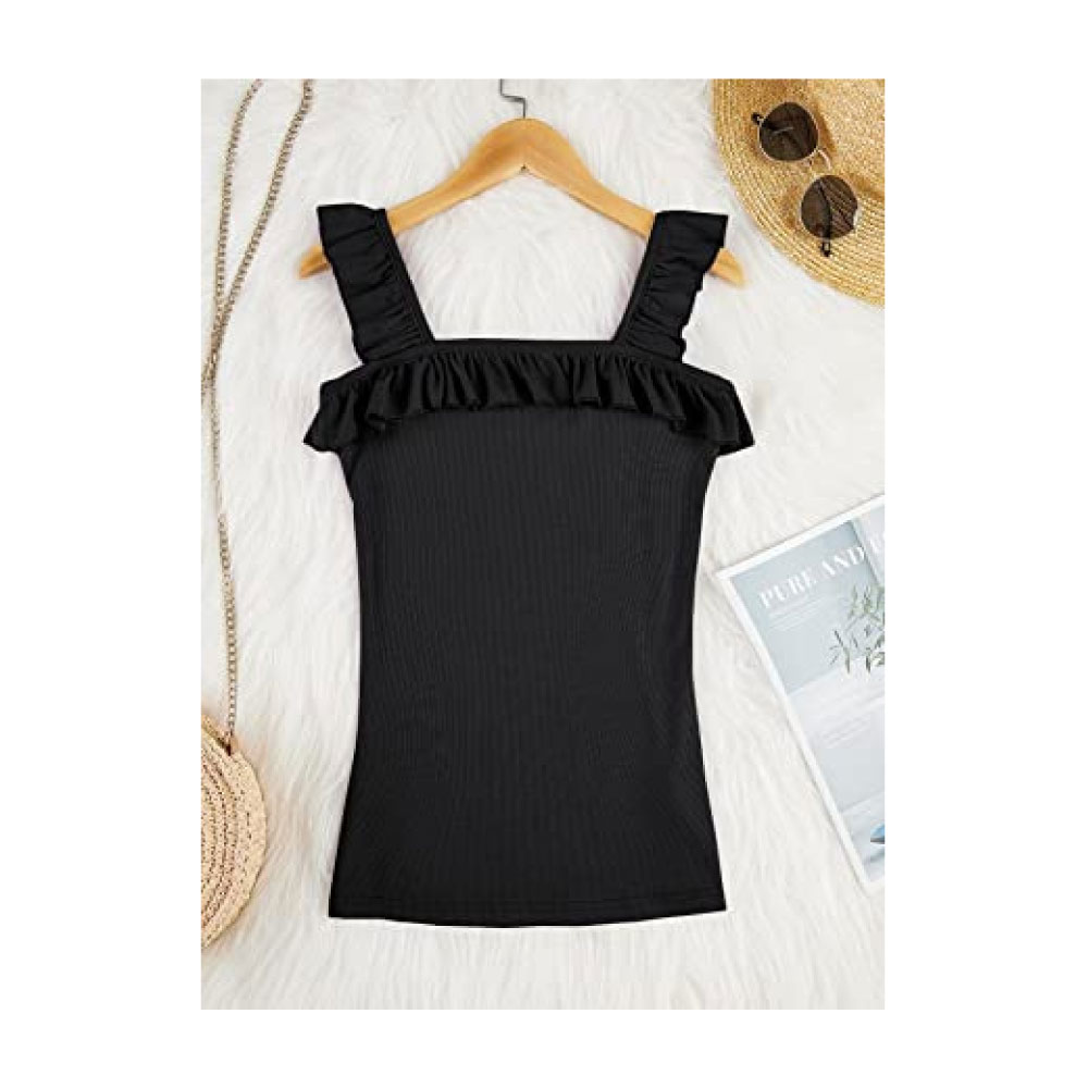 Sleeveless Tank Tops Ruffle Strap Square Neck Blouse Solid Color Knitted Camisole