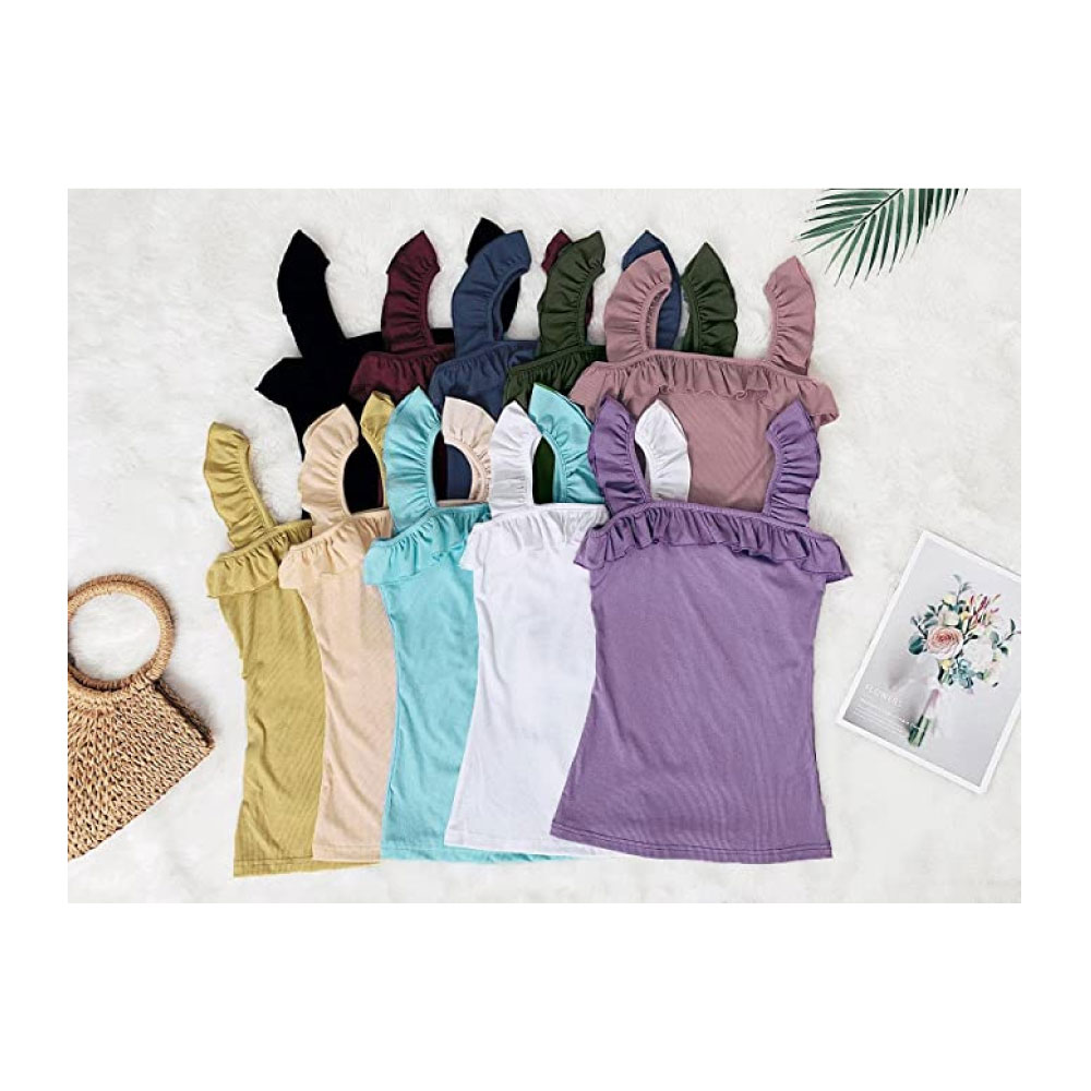 Sleeveless Tank Tops Ruffle Strap Square Neck Blouse Solid Color Knitted Camisole