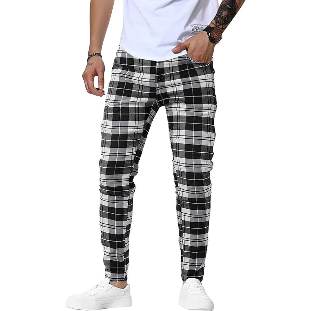 Men's Plaid Pant Stretch Skinny Dress Pants Chinos Slim Fit