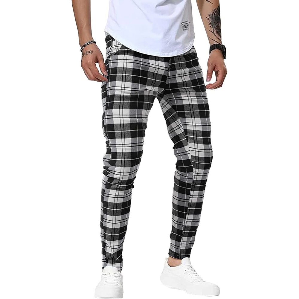 Men's Plaid Pant Stretch Skinny Dress Pants Chinos Slim Fit