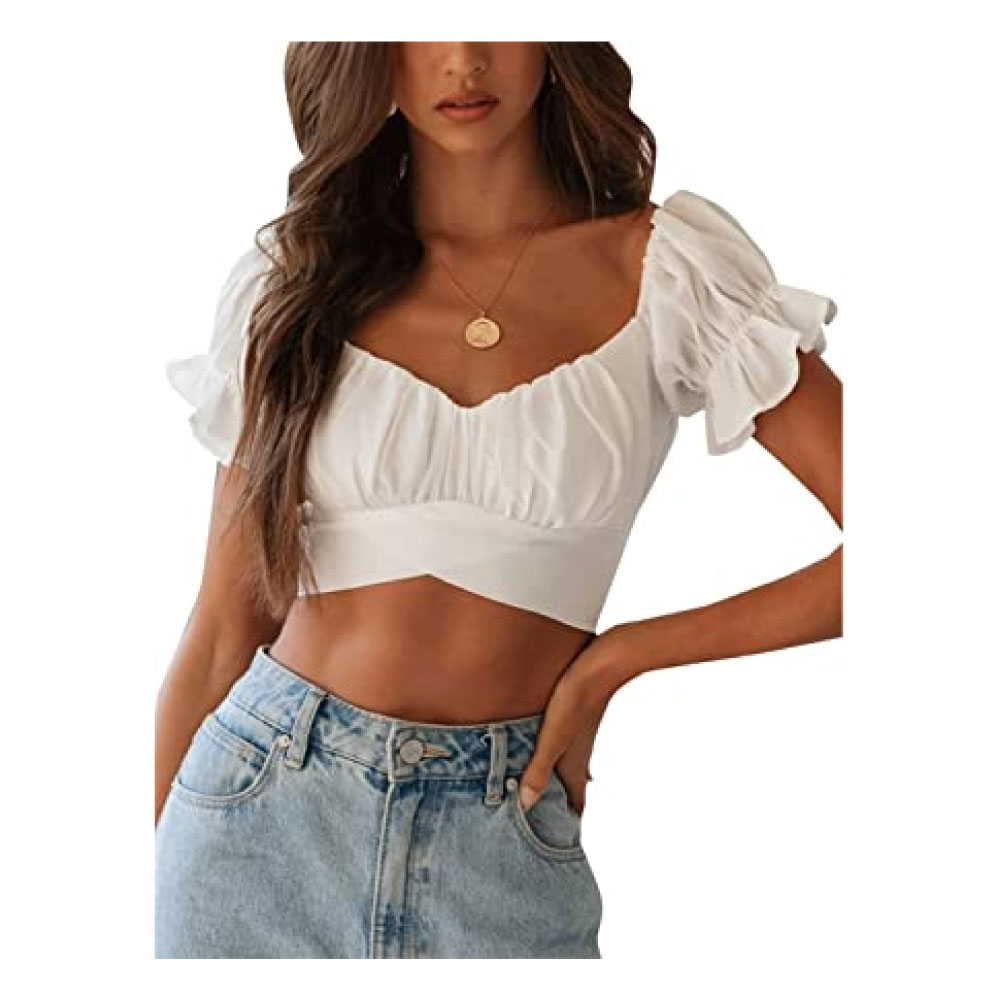 Ruffle Short Sleeve Tie Up Back Crop Top Off Shoulder Bardot Blouse